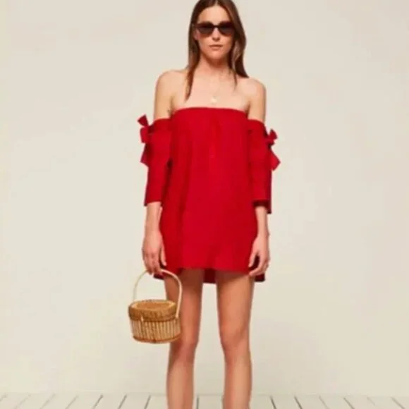 Reformation Carlita Red Off the Shoulder Tie Mini Dress Size Large - Picture 3 of 9
